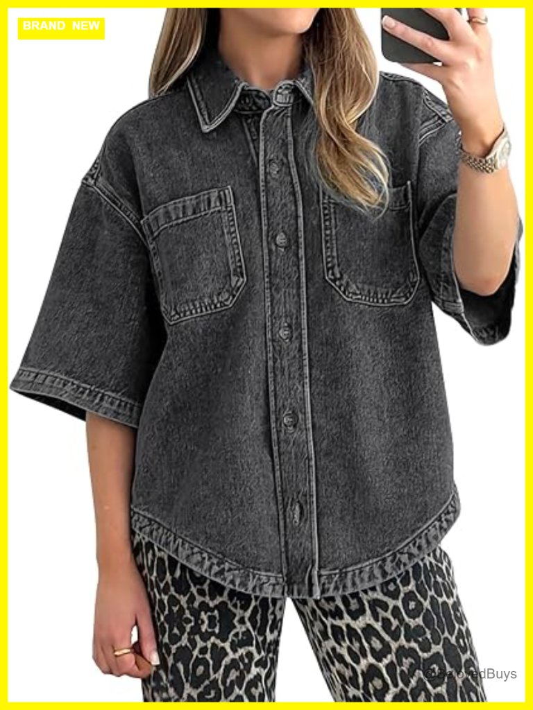 Denim Button Down Shirt - Oversized Jean Top With Pockets